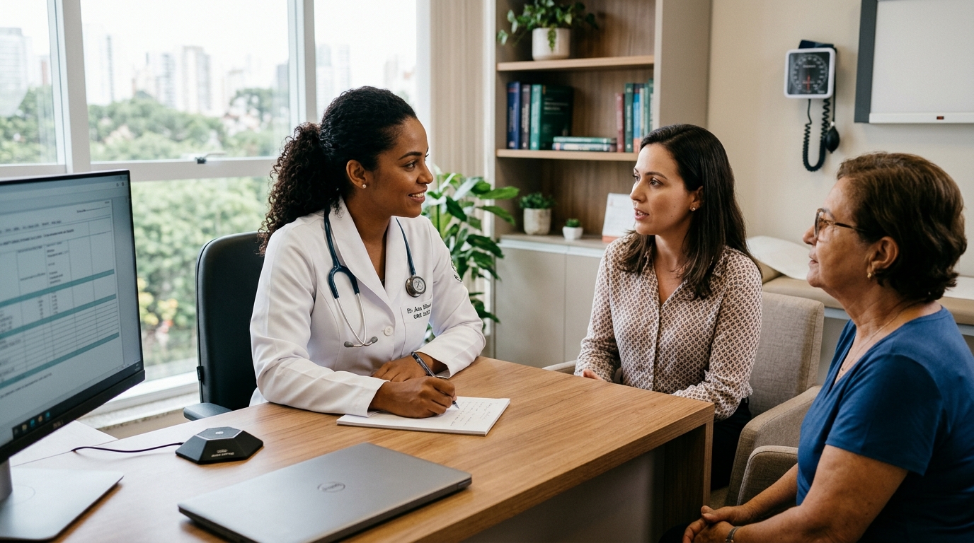 Médica em consulta atenta com paciente e acompanhante com microfone para diarização clínica