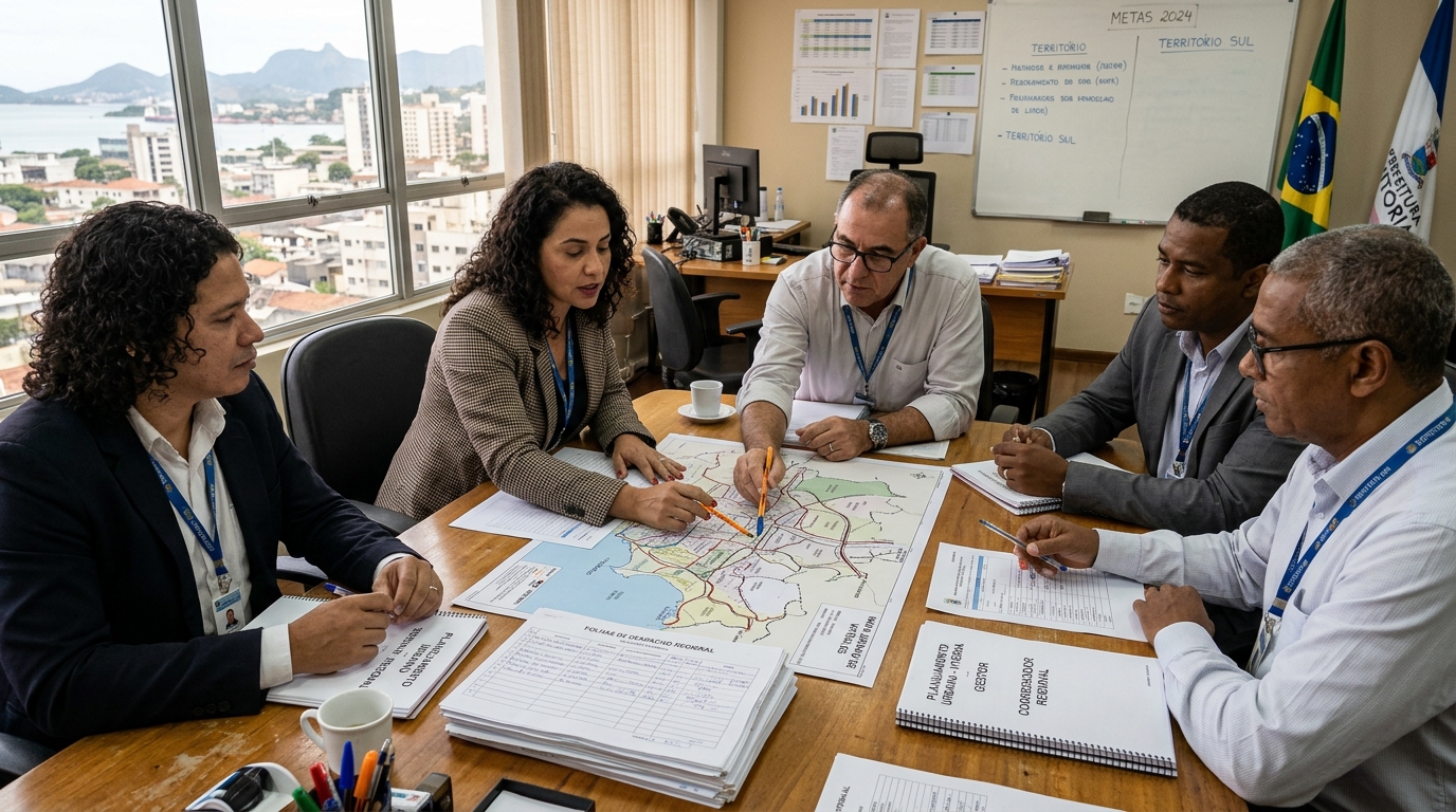 Gestores públicos e coordenadores municipais reunidos na sala de planejamento