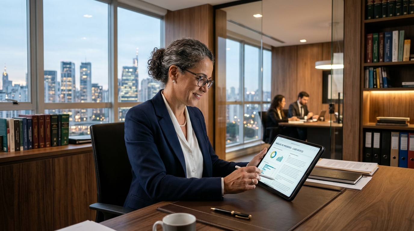 Advogada analisando processos e jurimetria no tablet com a solução Savant