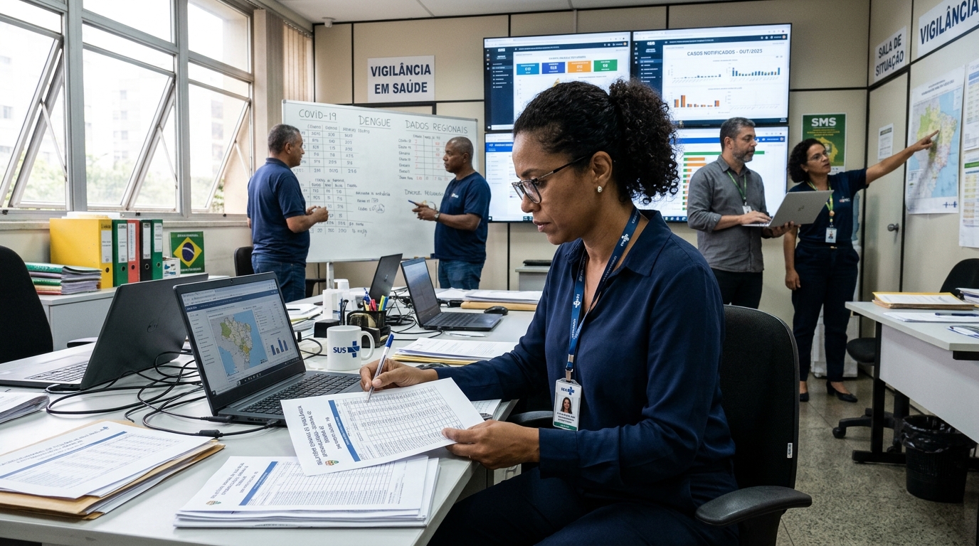 Equipe de vigilância epidemiológica analisando dados clínicos em tempo real